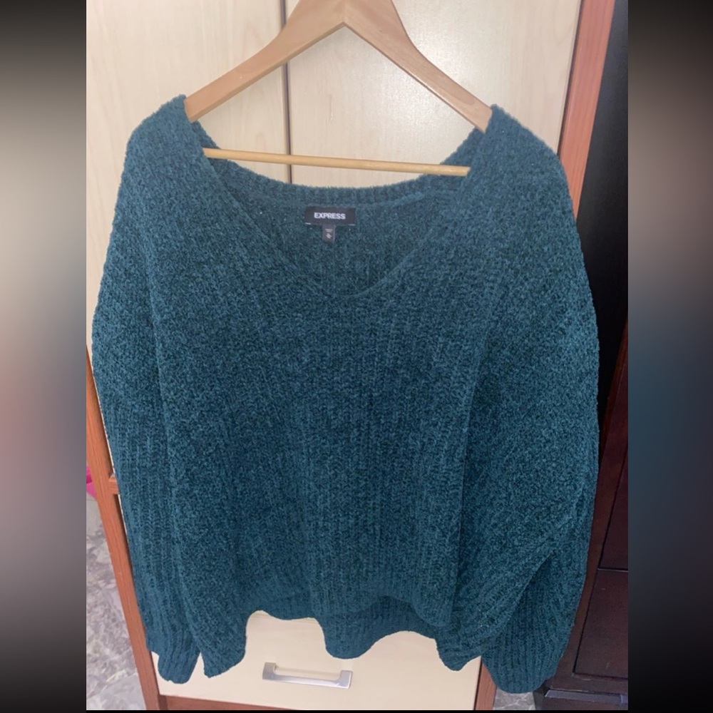 Express Women’s Teal Green Oversized V Neck Knit Sweater XL